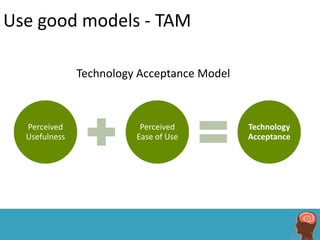 Use good models - TAM

               Technology Acceptance Model



  Perceived               Perceived          Technolo...
