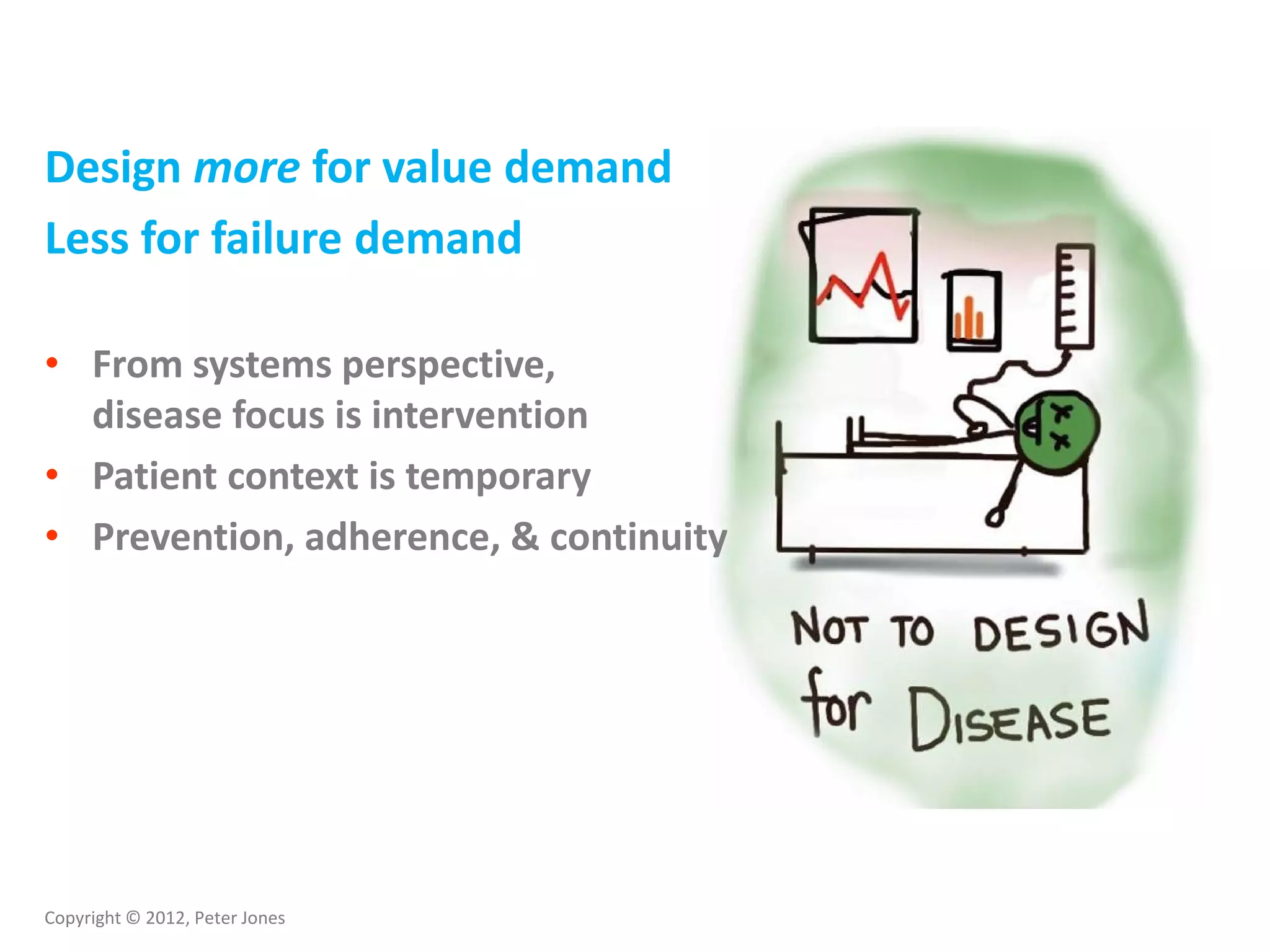 Copyright © 2012, Peter Jones
Design more for value demand
Less for failure demand
• From systems perspective,
disease focus is intervention
• Patient context is temporary
• Prevention, adherence, & continuity
 
