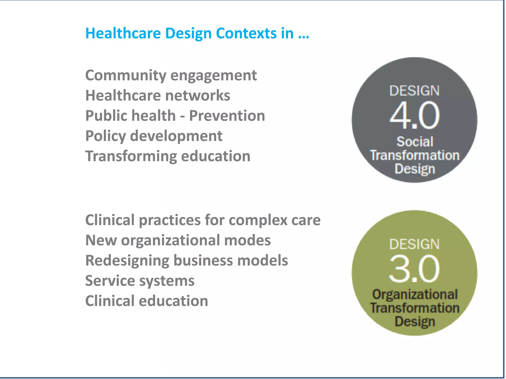 Copyright © 2012, Peter Jones
D3.0 & 4.0 “Changemaking”
Power tools are necessary:
- Systemic design approaches.
- Multi-stakeholder collaboration.
- Participatory research.
- Strategic innovation.
- Design of practice & service.
Healthcare Design Contexts in …
Clinical practices for complex care
New organizational modes
Redesigning business models
Service systems
Clinical education
Community engagement
Healthcare networks
Public health - Prevention
Policy development
Transforming education
 