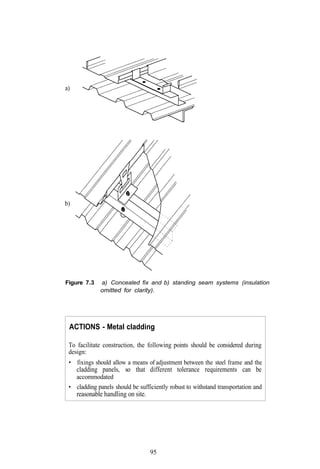 a)




b)




Figure 7.3    a) Concealed fix and b) standing seam systems (insulation
              omitted for clarity).




 ACTIONS - Metal cladding

 To facilitate construction, the following points should be considered during
 design:
 • fixings should allow a means of adjustment between the steel frame and the
     cladding panels, so that different tolerance requirements can be
     accommodated
 • cladding panels should be sufficiently robust to withstand transportation and
     reasonable handling on site.




                                    95
 