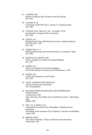 57. LAWSON, R.M.
    Design of composite slabs and beams with steel decking
    SCI, 1989

58. LAWSON, R. M.
    Commentary on BS 5950: Part 3: Section 3.1 Composite beams
    SCI, 1990

59. LAWSON, R.M., MULLET, D.L., & WARD, F.P.D.
    Good practice in composite floor construction
    SCI, 1990

60. CHUNG, K.F.
    Building design using cold formed steel sections: worked examples to
    BS 5950: Part 5: 1987
    SCI, 1993

61. TREBILCOCK, P. J.
    Building design using cold formed steel sections: An architects’ guide
    SCI, 1994

62. McKENNA & LAWSON, R.M.
    Services integration in modern steel framed buildings
    SCI, 1997

63. OGDEN, R.G.
    Electric lift installation in steel frame buildings
    SCI and the National Association of Lift Manufacturers, 1994

64. OGDEN, R.G.
    Curtain wall connections to steel frames
    SCI, 1992

65. STEEL CONSTRUCTION INSTITUTE
    Glazing interfaces (provisional title)
    SCI, to be published

66. BUILDING SERVICES RESEARCH AND INFORMATION
    ASSOCIATION
    Technical note 10/92
    Space allowances for building services distribution systems - detail design
    stage
    BSRIA, 1992

67. DIX, T.R. & JONES, K.M.
    International Convention Centre, Birmingham - Building services
    engineering
    Proceedings of the Institution of Civil Engineers, Structures and Buildings,
    August 1992

68. BRITISH STEEL
    The Colorcoat building - Design, specification and construction
    British Steel, 1996



                                 118
 