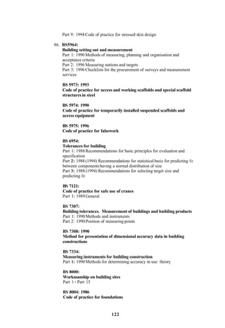 Part 9: 1994 Code of practice for stressed skin design

86. BS5964:
    Building setting out and measurement
    Part 1: 1990 Methods of measuring, planning and organisation and
    acceptance criteria
    Part 2: 1996 Measuring stations and targets
    Part 3: 1996 Checklists for the procurement of surveys and measurement
    services

    BS 5973: 1993
    Code of practice for access and working scaffolds and special scaffold
    structures in steel

    BS 5974: 1990
    Code of practice for temporarily installed suspended scaffolds and
    access equipment

    BS 5975: 1996
    Code of practice for falsework

    BS 6954:
    Tolerances for building
    Part 1: 1988 Recommendations for basic principles for evaluation and
    specification
    Part 2: 1988 (1994) Recommendations for statistical basis for predicting fit
    between components having a normal distribution of size
    Part 3: 1988 (1994) Recommendations for selecting target size and
    predicting fit

    BS 7121:
    Code of practice for safe use of cranes
    Part 1: 1989 General

    BS 7307:
    Building tolerances. Measurement of buildings and building products
    Part 1: 1990 Methods and instruments
    Part 2: 1990 Position of measuring points

    BS 7308: 1990
    Method for presentation of dimensional accuracy data in building
    constructions

    BS 7334:
    Measuring instruments for building construction
    Part 1: 1990 Methods for determining accuracy in use: theory

    BS 8000:
    Workmanship on building sites
    Part 1 - Part 15

    BS 8004: 1986
    Code of practice for foundations


                                122
 