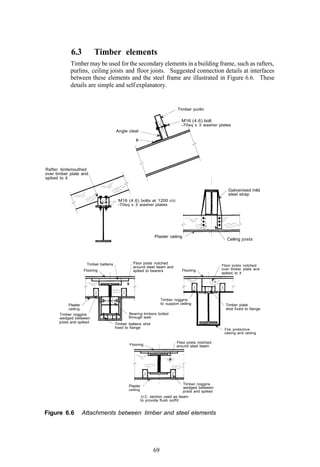 6.3            Timber elements
            Timber may be used for the secondary elements in a building frame, such as rafters,
            purlins, ceiling joists and floor joists. Suggested connection details at interfaces
            between these elements and the steel frame are illustrated in Figure 6.6. These
            details are simple and self explanatory.


                                                                               Timber purlin

                                                                                 M16 (4.6) bolt
                                                                                 -70sq x 3 washer plates
                                         Angle cleat




Rafter birdsmouthed
over timber plate and
spiked to it

                                                                                                         Galvanised mild
                                                                                                         steel strap
                                          M16 (4.6) bolts at 1200 c/c
                                          -70sq x 3 washer plates




                                                                Plaster ceiling
                                                                                                        Ceiling joists




                      Timber battens ,           Floor joists notched
                                                 around steel beam and                               Floor joists notched
                     Flooring                    spiked to bearers               Flooring            over timber plate and
                                                                                                     spiked, to it




                                                                     Timber noggins
           Plaster                                                   to support ceiling                Timber plate
           ceiling                                                                                     shot fixed to flange
      Timber noggins                           Bearing timbers bolted
      wedged between                           through web
      joists and spiked              Timber battens shot
                                     fixed to flange                                                  Fire protective
                                                                                                      casing and ceiling

                                                                              Floor joists notched
                                               Flooring                       around steel beam




                                                                                 Timber noggins
                                               Plaster                           wedged between
                                               ceiling
                                                                                 joists and spiked
                                                         U.C. section used as beam
                                                         to provide flush soffit


Figure 6.6           Attachments between timber and steel elements




                                                                69
 