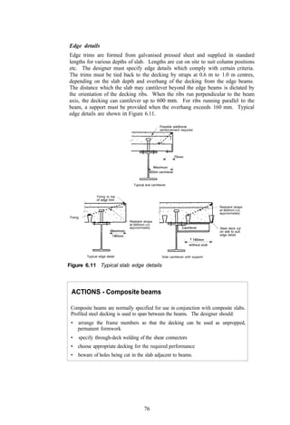 Edge details
Edge trims are formed from galvanised pressed sheet and supplied in standard
lengths for various depths of slab. Lengths are cut on site to suit column positions
etc. The designer must specify edge details which comply with certain criteria.
The trims must be tied back to the decking by straps at 0.6 m to 1.0 m centres,
depending on the slab depth and overhang of the decking from the edge beams.
The distance which the slab may cantilever beyond the edge beams is dictated by
the orientation of the decking ribs. When the ribs run perpendicular to the beam
axis, the decking can cantilever up to 600 mm. For ribs running parallel to the
beam, a support must be provided when the overhang exceeds 160 mm. Typical
edge details are shown in Figure 6.11.

                                                  Possible additional
                                                  reinforcement required




                                 Typical end cantilever


               Fixing to top
               of edge trim

                                                                                   Restraint straps
                                                                                   at 600mm c/c
                                                                                   approximately
Fixing
                               Restraint straps
                               at 600mm c/c
                               approximately                                       Steel deck cut
                                                                                   on site to suit
                                                                                   edge detail




         Typical edge detail                        Side cantilever with support


Figure 6.11 Typical slab edge details




 ACTIONS - Composite beams

 Composite beams are normally specified for use in conjunction with composite slabs.
 Profiled steel decking is used to span between the beams. The designer should:
 •   arrange the frame members so that the decking can be used as unpropped,
     permanent formwork
 •   specify through-deck welding of the shear connectors
 • choose appropriate decking for the required performance
 • beware of holes being cut in the slab adjacent to beams.




                                         76
 