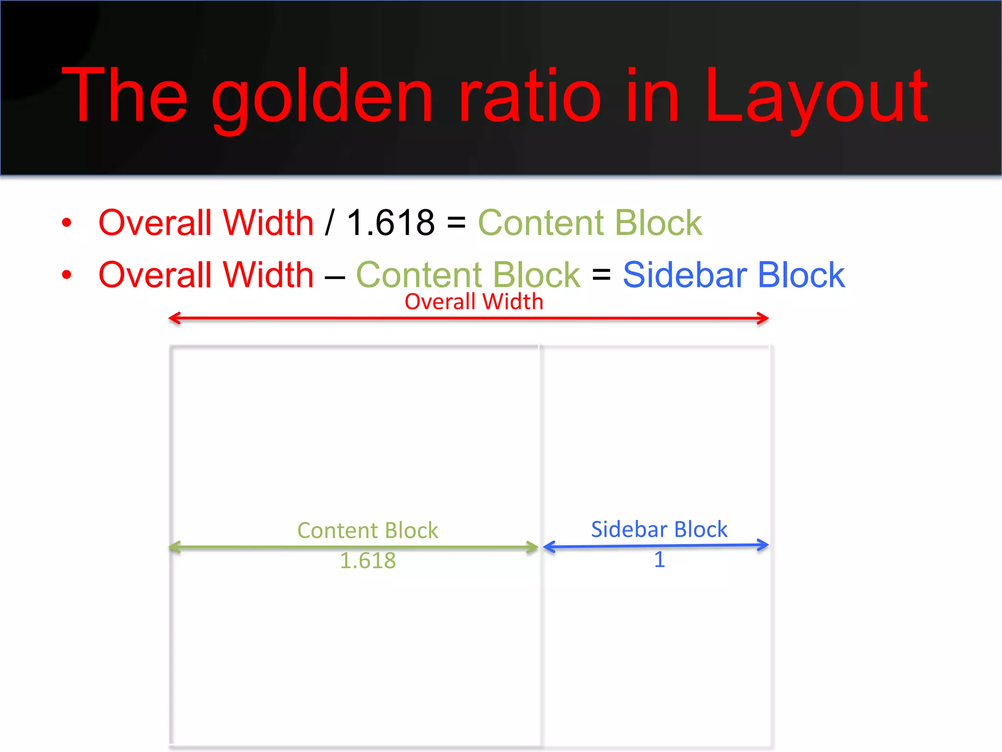 The golden ratio in Layout
• Overall Width / 1.618 = Content Block
• Overall Width – Content Block = Sidebar Block
                       Overall Width




              Content Block            Sidebar Block
                 1.618                       1
 