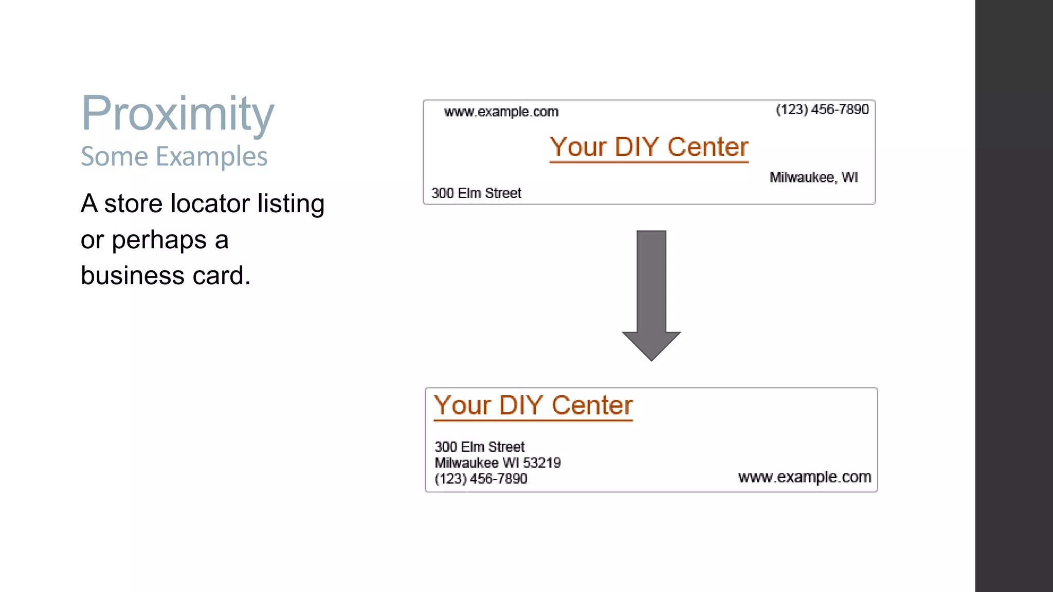 Proximity Some Examples A store locator listing or perhaps a business card. 