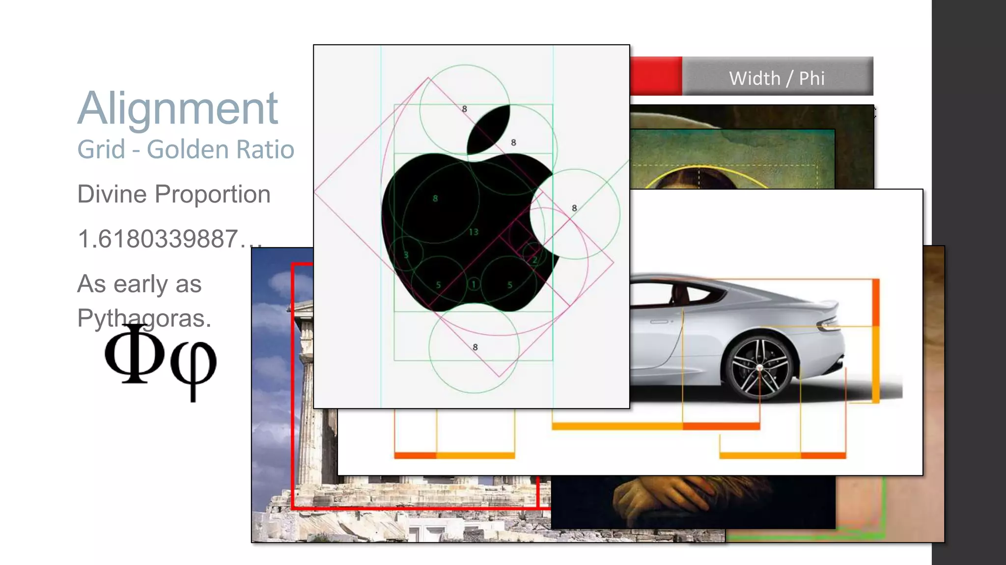 Alignment Grid - Golden Ratio Divine Proportion 1.6180339887… As early as Pythagoras. Width / Phi 