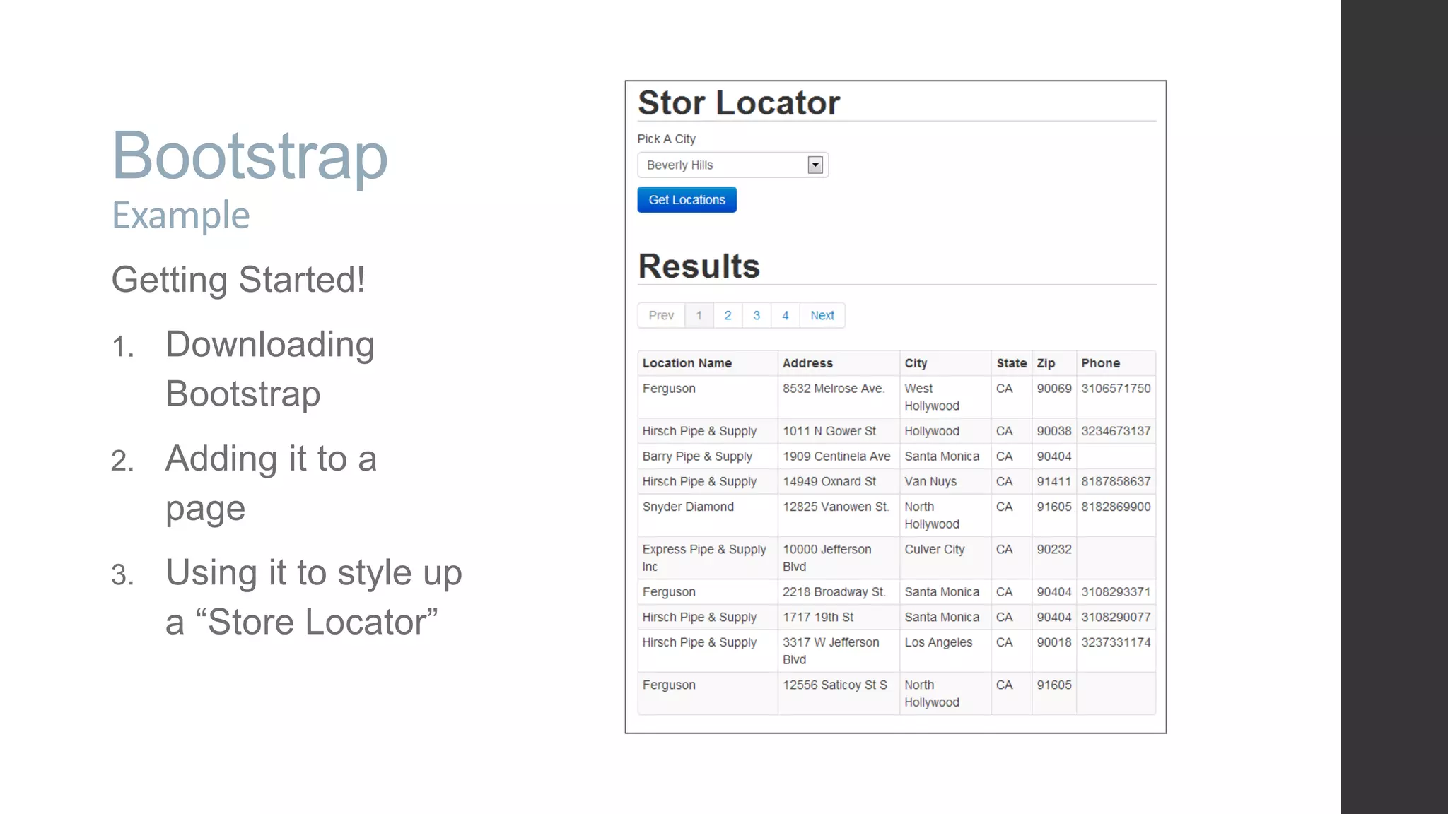 Bootstrap Example Getting Started! 1. Downloading Bootstrap 2. Adding it to a page 3. Using it to style up a “Store Locator” 