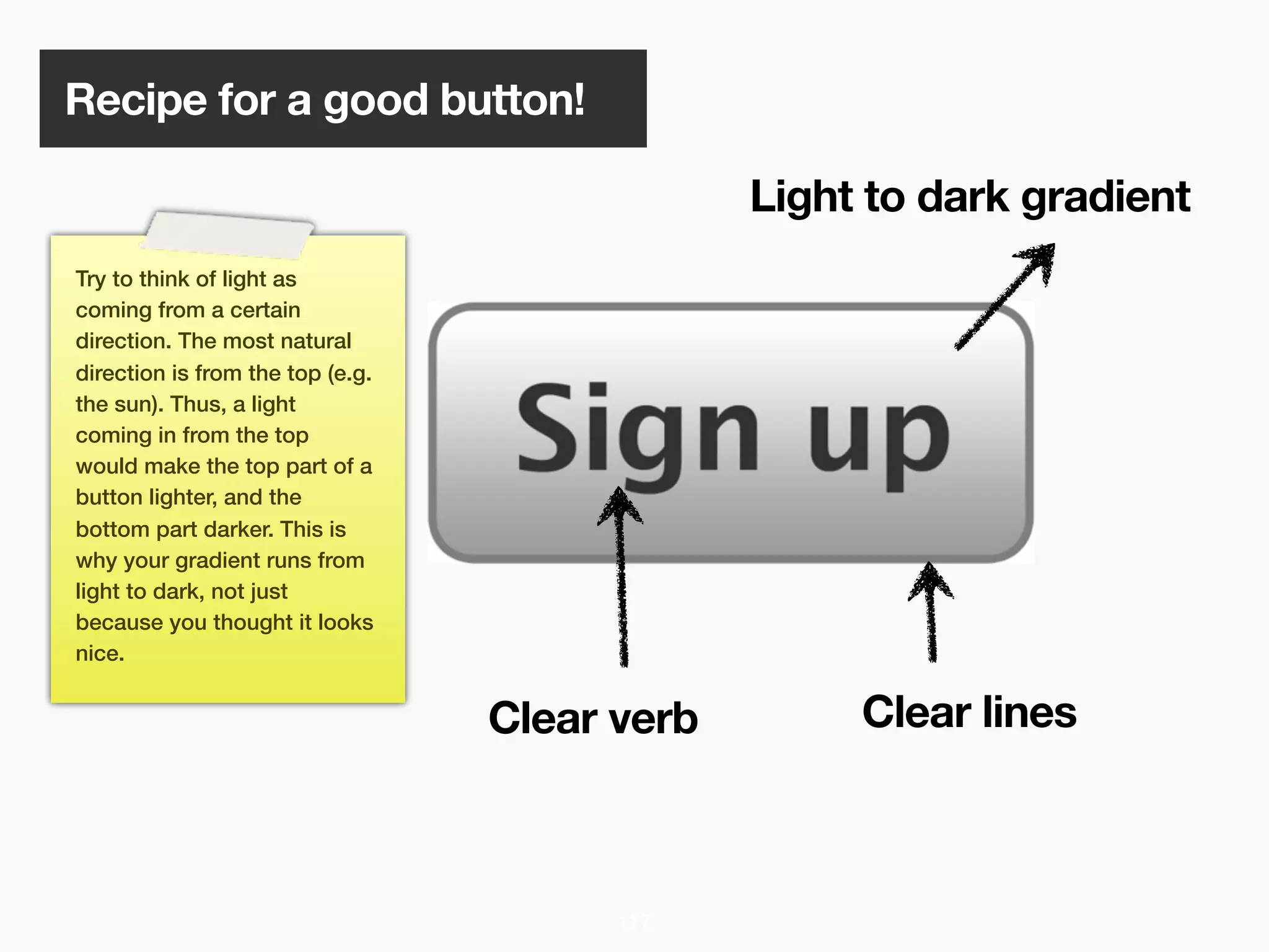 Recipe for a good button!

                                               Light to dark gradient
Try to think of light as
coming from a certain
direction. The most natural
direction is from the top (e.g.
the sun). Thus, a light
coming in from the top
would make the top part of a
button lighter, and the
bottom part darker. This is
why your gradient runs from
light to dark, not just
because you thought it looks
nice.


                                  Clear verb        Clear lines



                                        117
 