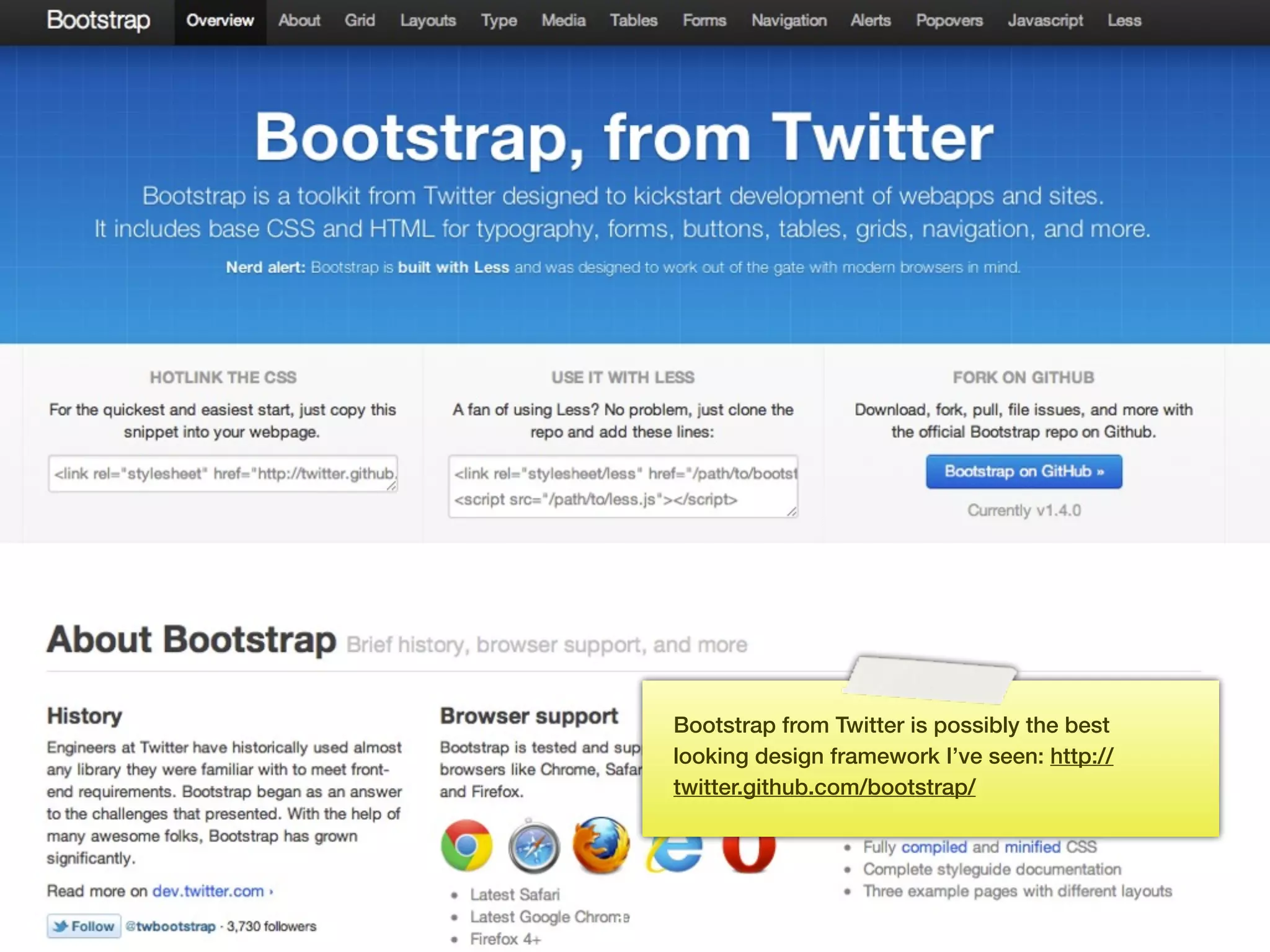 Bootstrap from Twitter is possibly the best
      looking design framework I’ve seen: http://
      twitter.github.com/bootstrap/




166
 