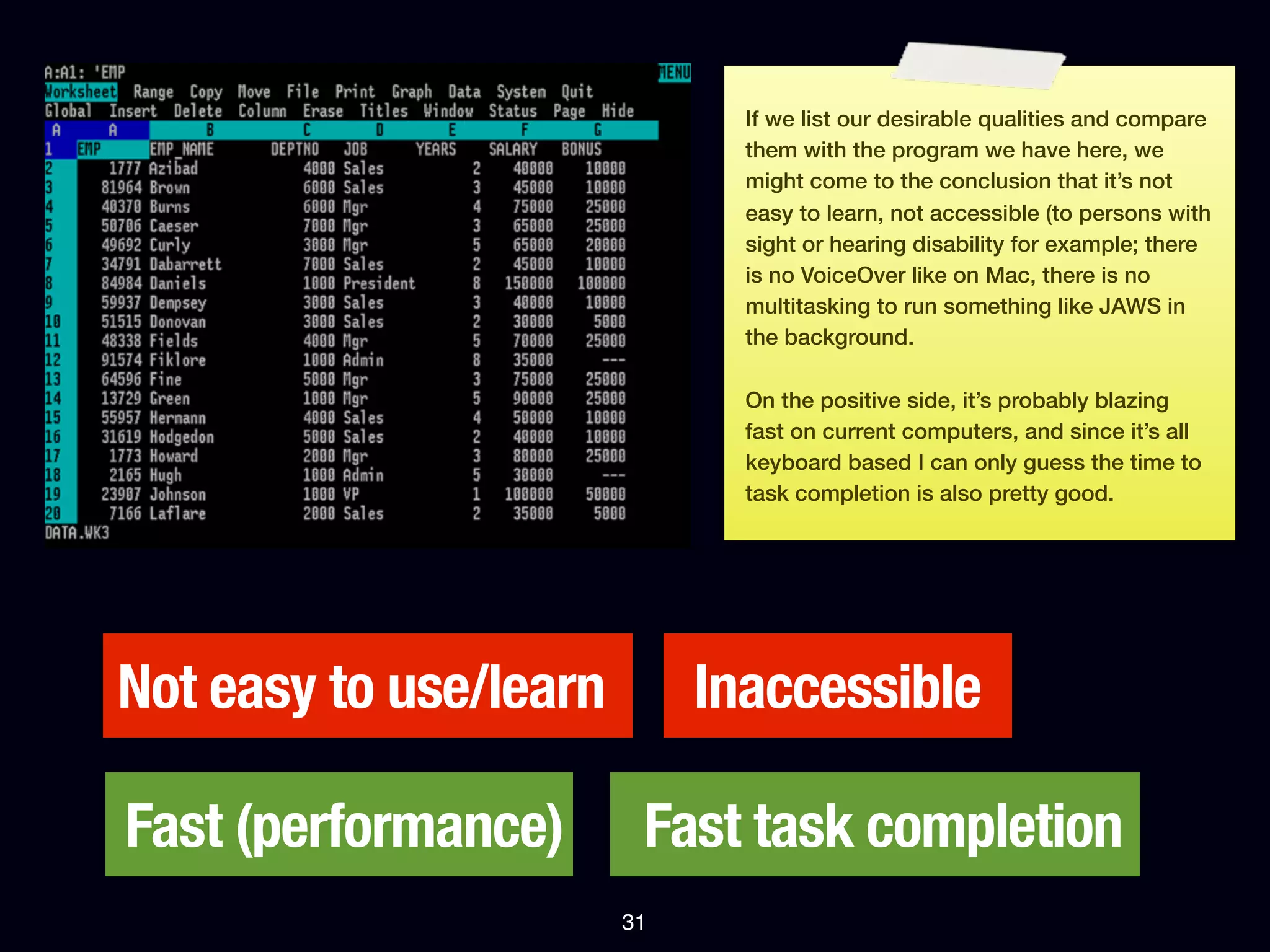 If we list our desirable qualities and compare
                               them with the program we have here, we
                               might come to the conclusion that it’s not
                               easy to learn, not accessible (to persons with
                               sight or hearing disability for example; there
                               is no VoiceOver like on Mac, there is no
                               multitasking to run something like JAWS in
                               the background.

                               On the positive side, it’s probably blazing
                               fast on current computers, and since it’s all
                               keyboard based I can only guess the time to
                               task completion is also pretty good.




Not easy to use/learn        Inaccessible

Fast (performance)       Fast task completion
                        31
 