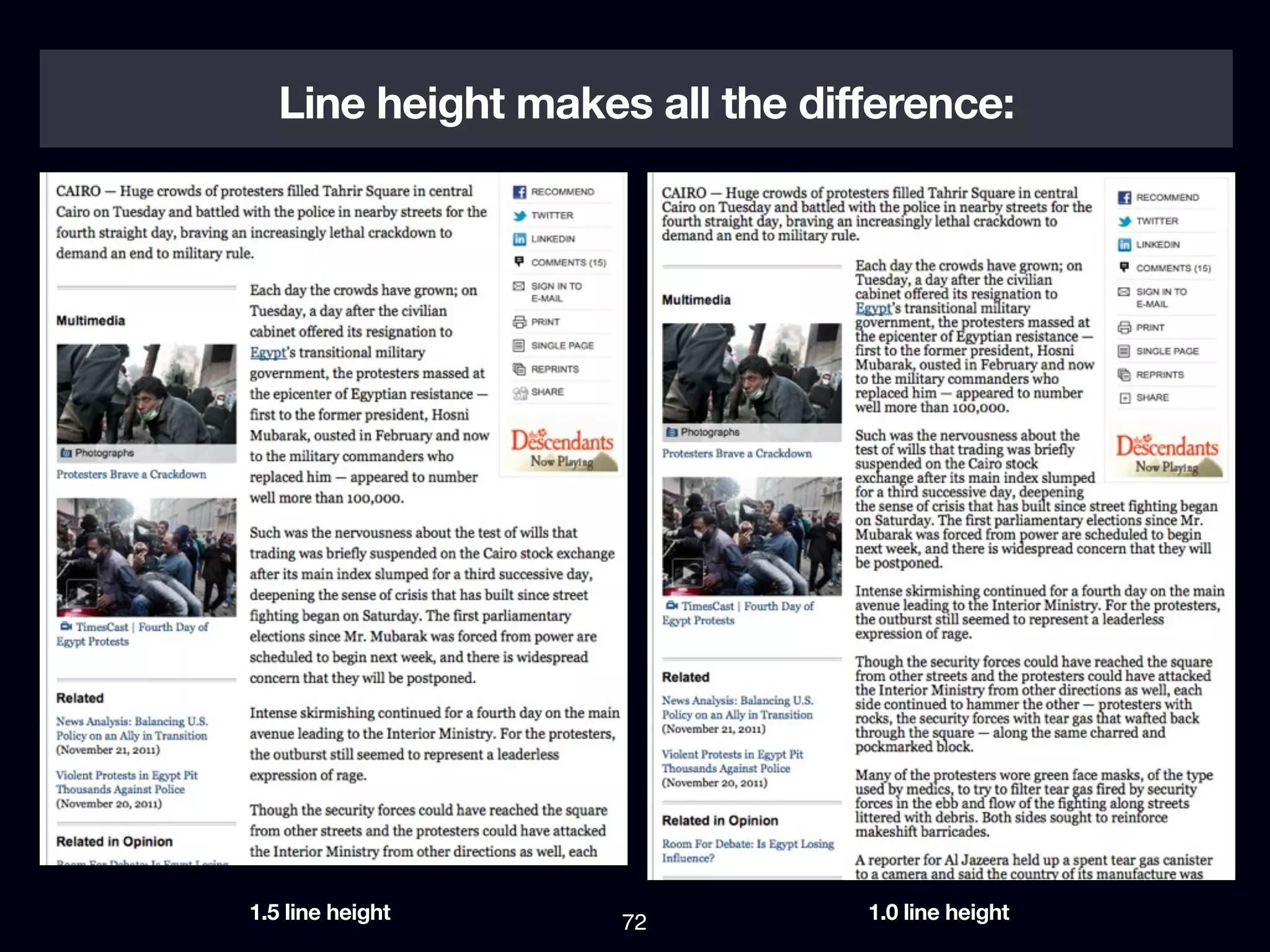 Line height makes all the difference:




1.5 line height     72          1.0 line height
 