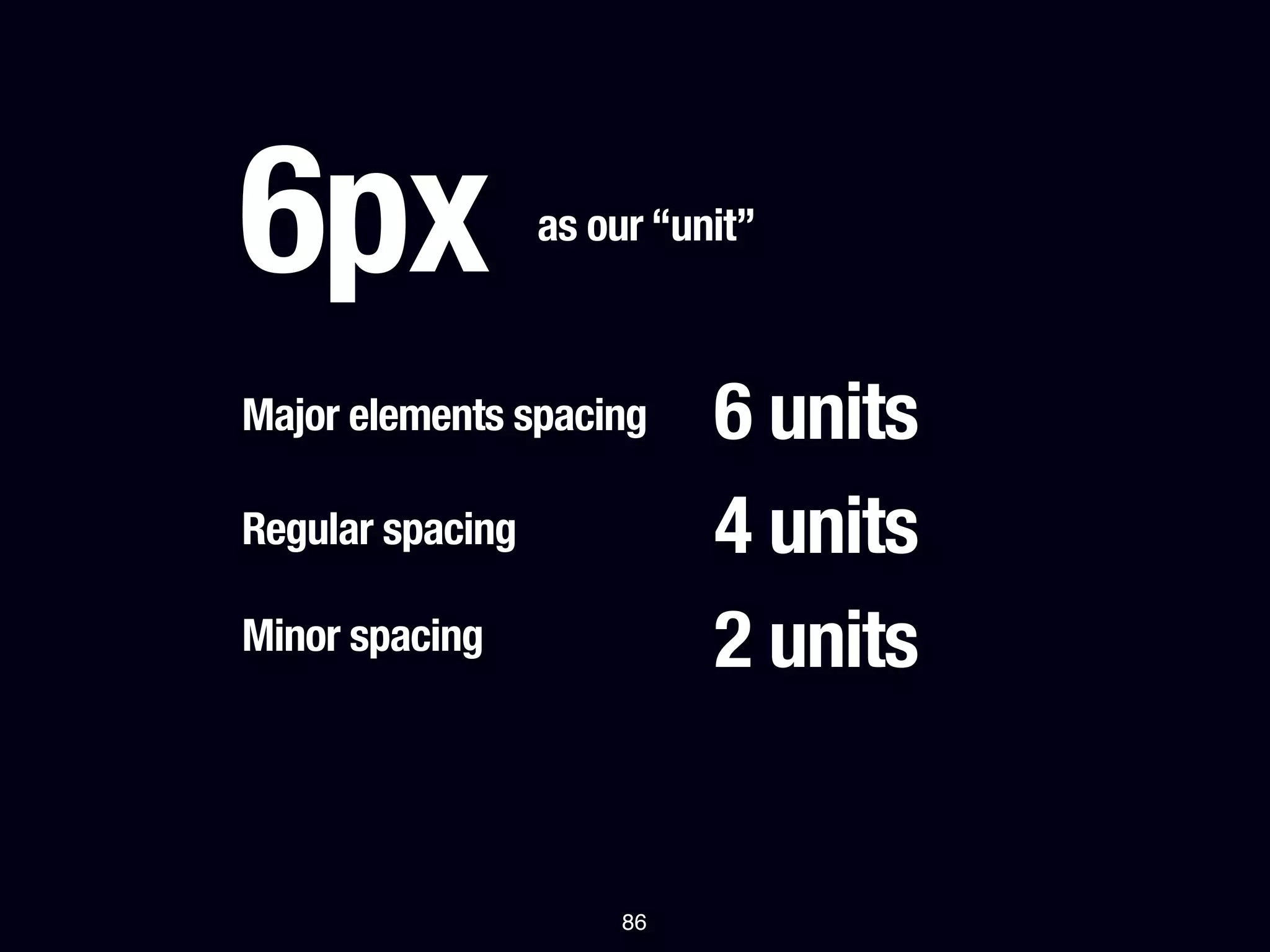 6px               as our “unit”



Major elements spacing      6 units
Regular spacing             4 units
Minor spacing               2 units


                       86
 