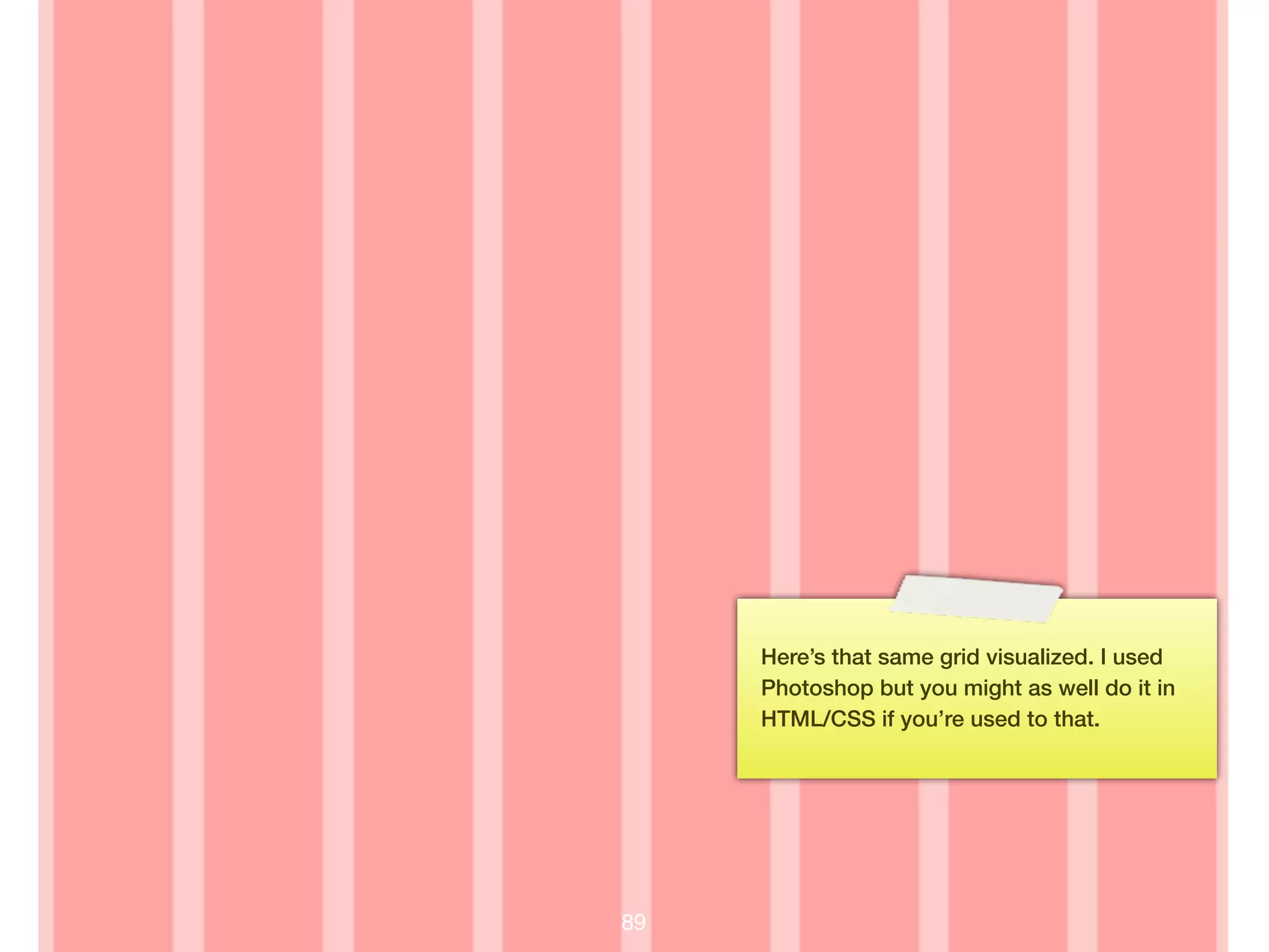 Here’s that same grid visualized. I used
     Photoshop but you might as well do it in
     HTML/CSS if you’re used to that.




89
 