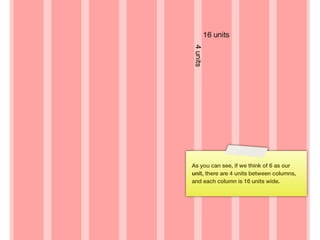 As you can see, if we think of 6 as our
     unit, there are 4 units between columns,
     and each column is 16 units wide.




90
 