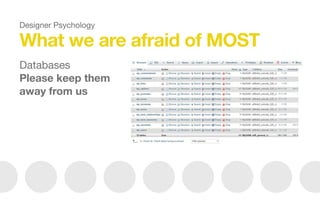 What we are afraid of MOST
Databases

Please keep them
away from us
Designer Psychology
 