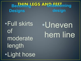 Becoming
Designs
Unbecoming
design
•Full skirts
of
moderate
length
•Light hose
•Uneven
hem line
 