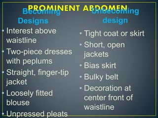 Becoming
Designs
Unbecoming
design
• Interest above
waistline
• Two-piece dresses
with peplums
• Straight, finger-tip
jacket
• Loosely fitted
blouse
• Unpressed pleats
• Tight coat or skirt
• Short, open
jackets
• Bias skirt
• Bulky belt
• Decoration at
center front of
waistline
 