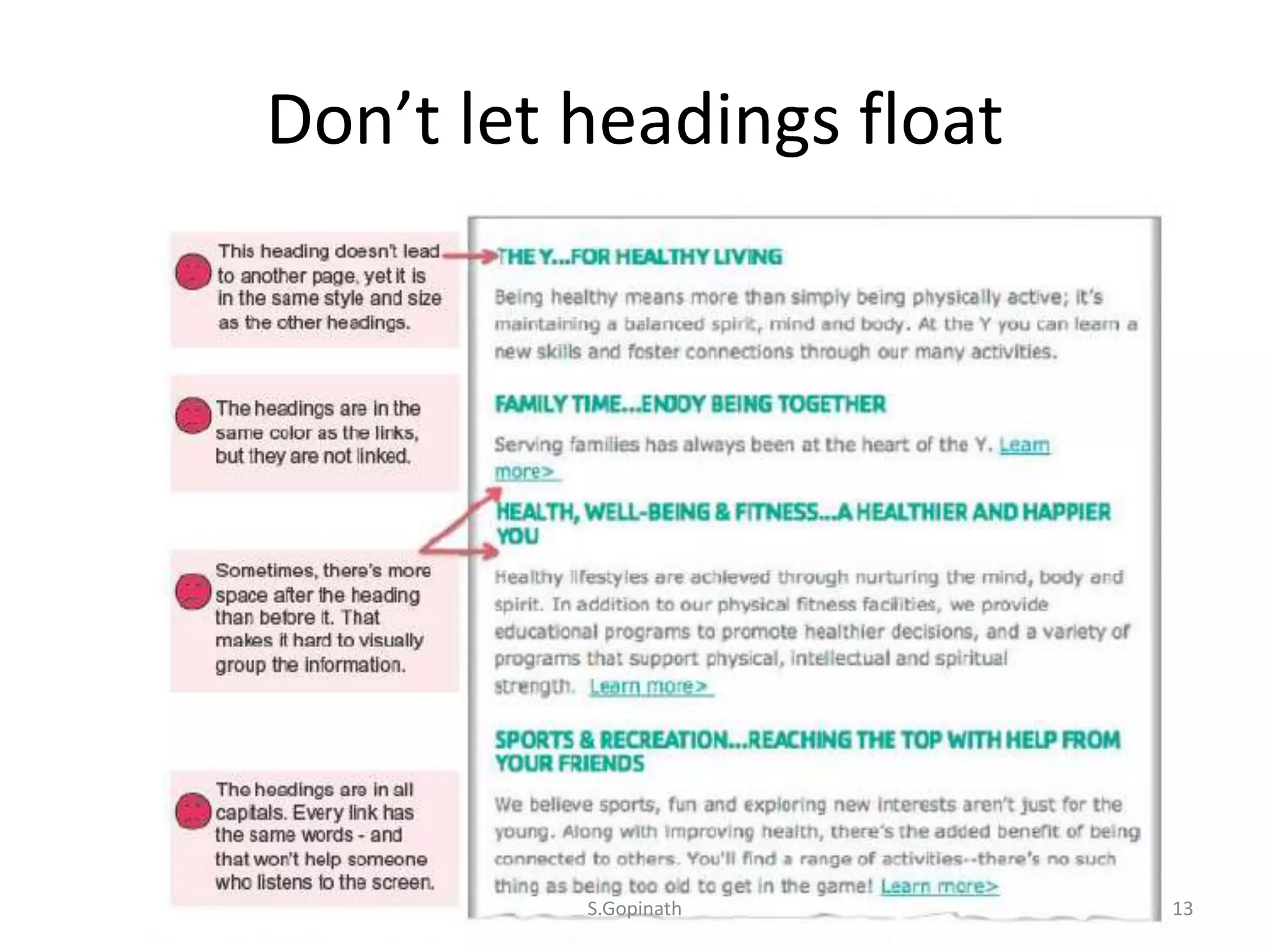 Don’t let headings float
S.Gopinath 13
 