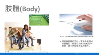 肢體(Body)

圖片來源：http://www.siebert-telecom.co.uk/resources/Mouse_Click(2).jpg

•

任何與肢體的互動，不管是實體或
非實體的，都是行為(Action)的一
部分，最小到點擊滑鼠的動作…

圖片來源：http://ts-1.eee.hku.hk/ccst9015sp13/p30/wp-content/uploads/sites/38/2013/04/wii-2.jpg
2013/12/23

34

 