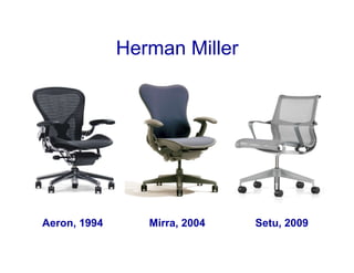 Herman Miller
Aeron, 1994 Mirra, 2004 Setu, 2009
 