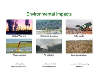 Environmental Impacts
Water pollution
Solid wasteGlobal Warming Resource depletion
Air pollution Land degradation
www.buildbabybuild.com www.flickr.com Ben Rad www.wonkroom.thinkprogress.org
www.co.rockingham.nc.us commons.wikimedia.org www.adb.org
 