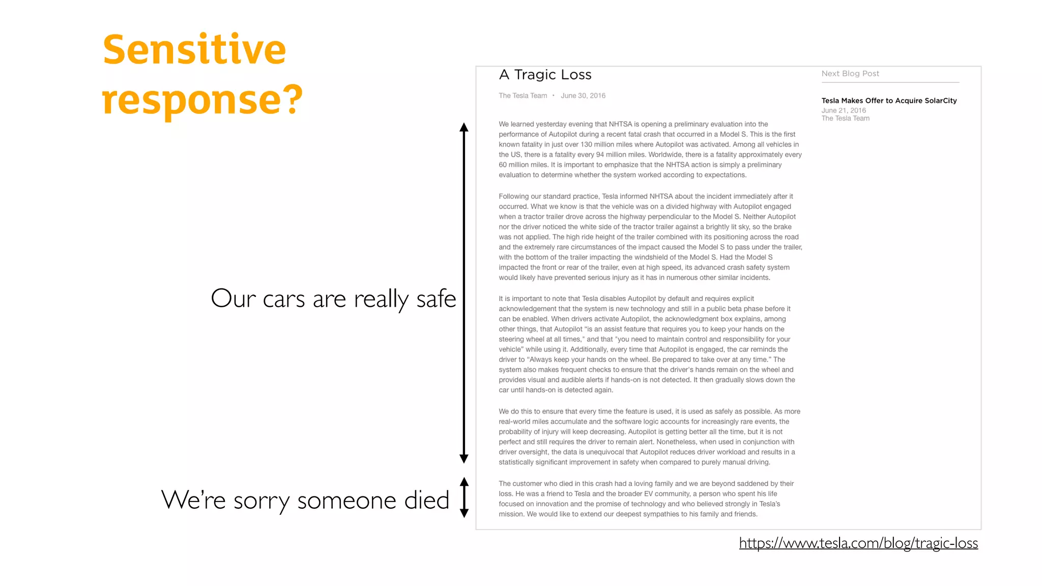 Sensitive
response?
https://www.tesla.com/blog/tragic-loss
Our cars are really safe
We’re sorry someone died
 
