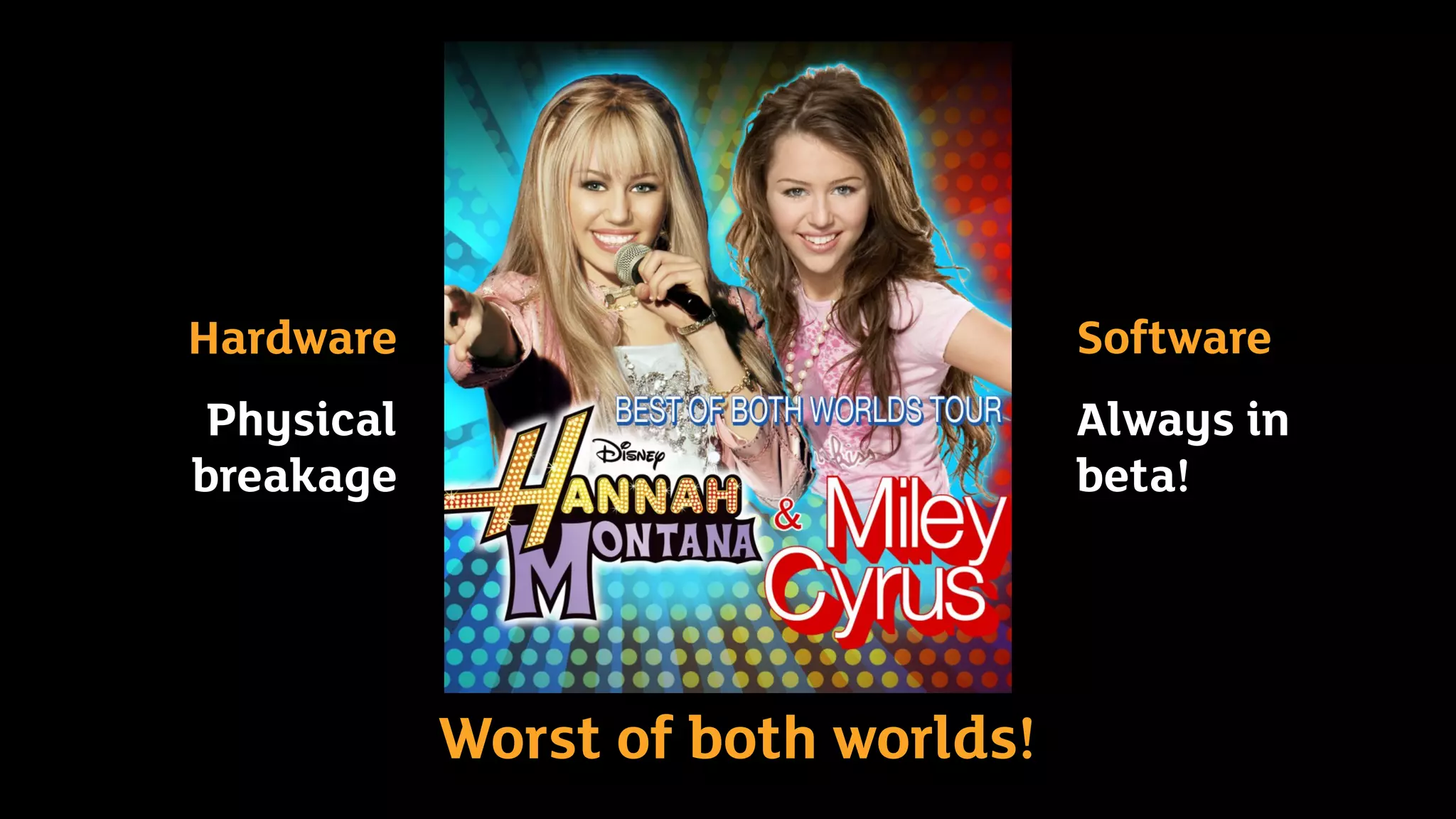 Worst of both worlds!
Hardware
Physical
breakage
Software
Always in
beta!
 