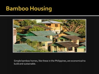 Simple bamboo homes, like these in the Philippines, are economical to
build and sustainable.
 