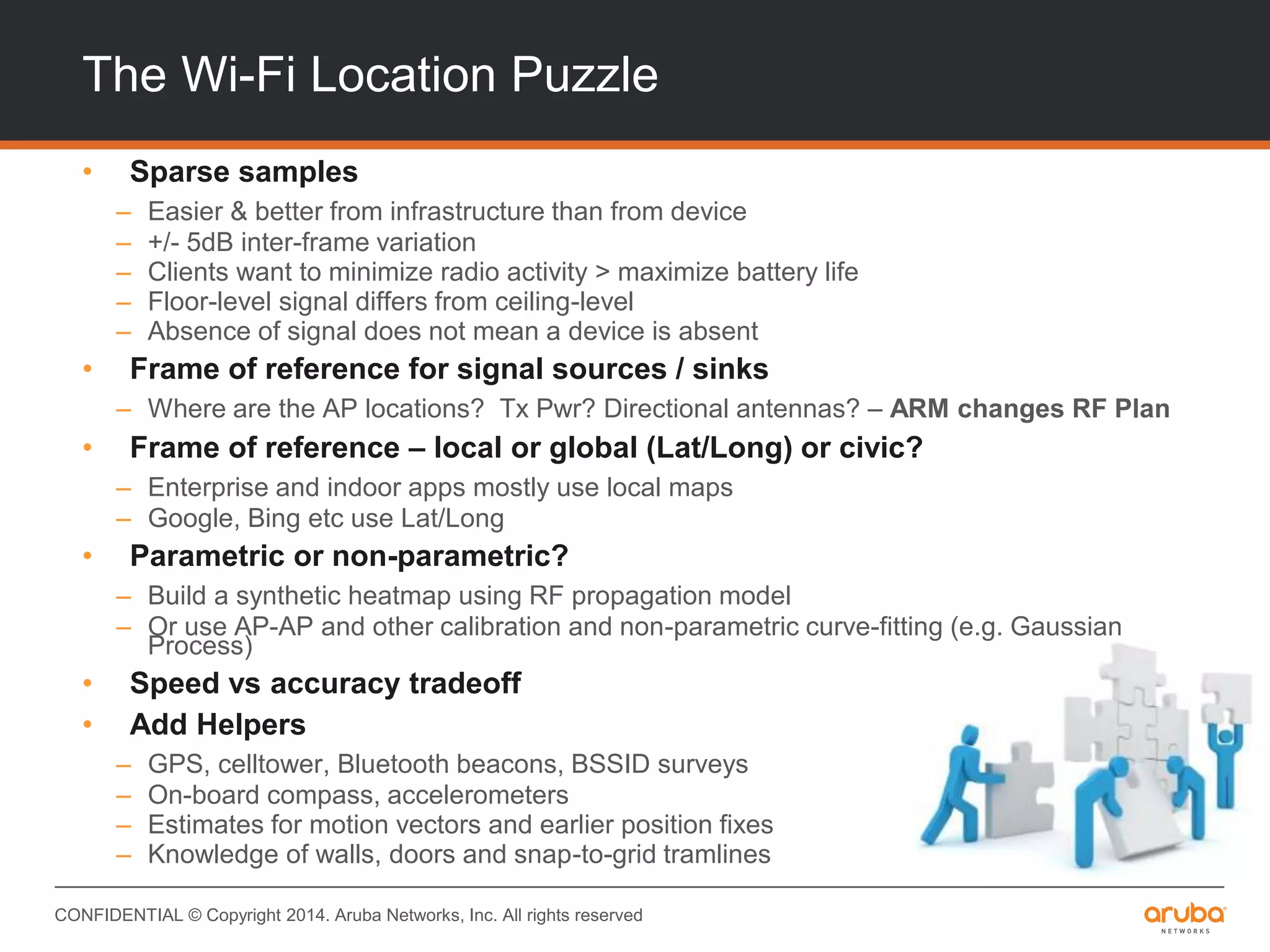 CONFIDENTIAL © Copyright 2014. Aruba Networks, Inc. All rights reserved
The Wi-Fi Location Puzzle
• Sparse samples
– Easier & better from infrastructure than from device
– +/- 5dB inter-frame variation
– Clients want to minimize radio activity > maximize battery life
– Floor-level signal differs from ceiling-level
– Absence of signal does not mean a device is absent
• Frame of reference for signal sources / sinks
– Where are the AP locations? Tx Pwr? Directional antennas? – ARM changes RF Plan
• Frame of reference – local or global (Lat/Long) or civic?
– Enterprise and indoor apps mostly use local maps
– Google, Bing etc use Lat/Long
• Parametric or non-parametric?
– Build a synthetic heatmap using RF propagation model
– Or use AP-AP and other calibration and non-parametric curve-fitting (e.g. Gaussian
Process)
• Speed vs accuracy tradeoff
• Add Helpers
– GPS, celltower, Bluetooth beacons, BSSID surveys
– On-board compass, accelerometers
– Estimates for motion vectors and earlier position fixes
– Knowledge of walls, doors and snap-to-grid tramlines
 