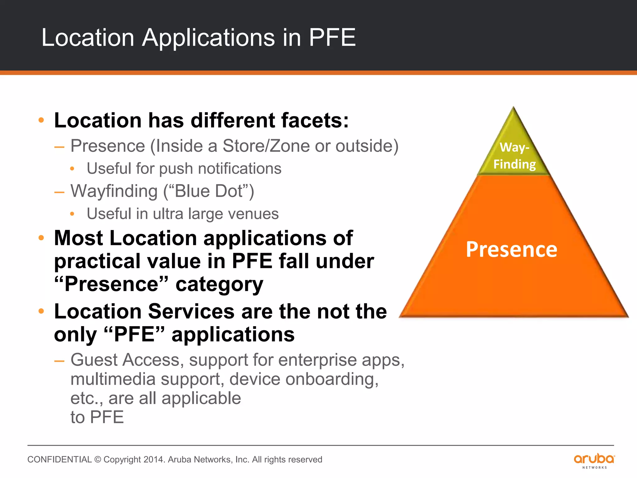 CONFIDENTIAL © Copyright 2014. Aruba Networks, Inc. All rights reserved
Location Applications in PFE
• Location has different facets:
– Presence (Inside a Store/Zone or outside)
• Useful for push notifications
– Wayfinding (“Blue Dot”)
• Useful in ultra large venues
• Most Location applications of
practical value in PFE fall under
“Presence” category
• Location Services are the not the
only “PFE” applications
– Guest Access, support for enterprise apps,
multimedia support, device onboarding,
etc., are all applicable
to PFE
Presence
Way-
Finding
 