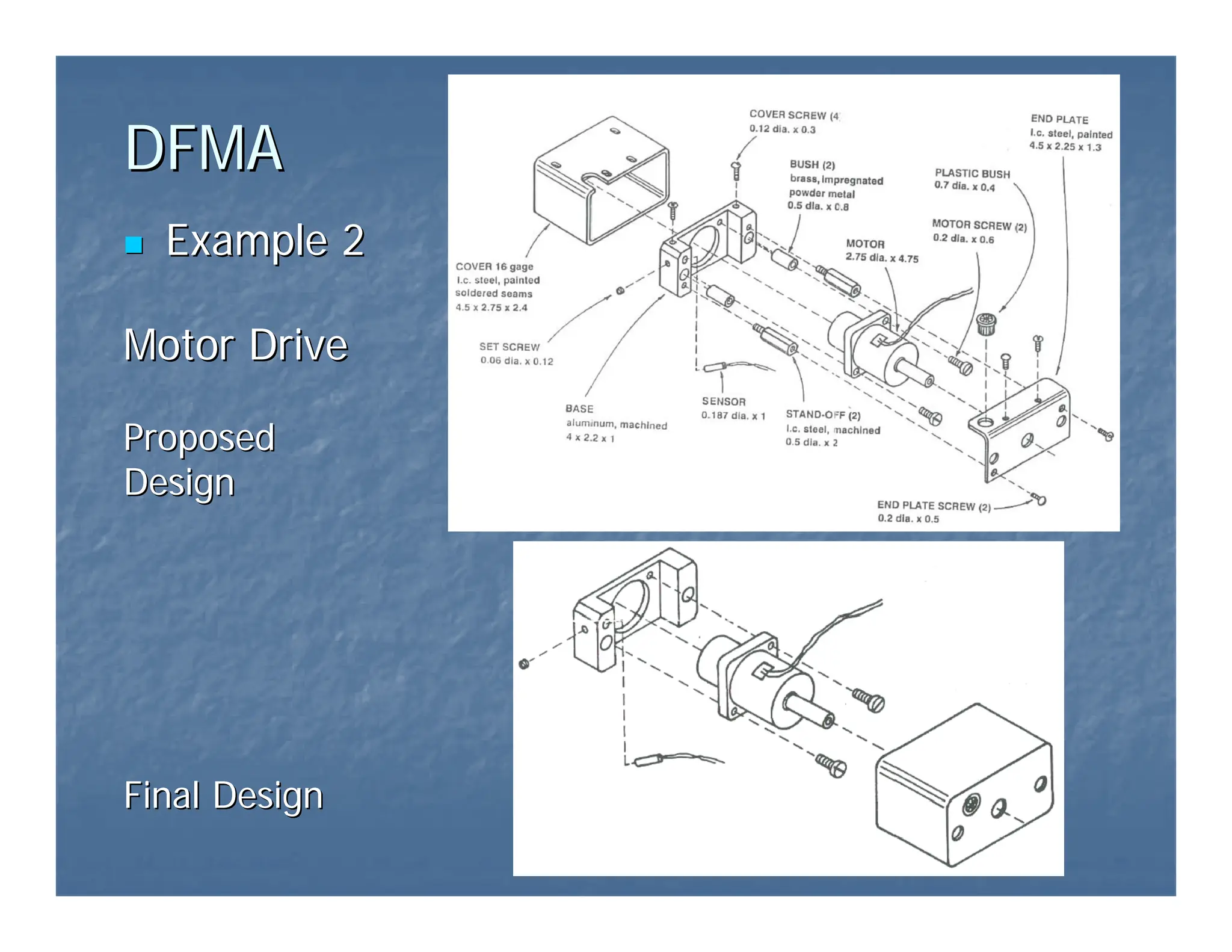DFMA
DFMA
„
„ Example 2
Example 2
Motor Drive
Motor Drive
Proposed
Proposed
Design
Design
Final Design
Final Design
 
