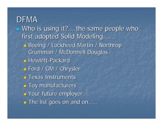 DFMA
DFMA
„
„ Who is using it?....the same people who
Who is using it?....the same people who
first adopted Solid Modeling
first adopted Solid Modeling……
…….
.
„
„ Boeing / Lockheed Martin / Northrop
Boeing / Lockheed Martin / Northrop
Grumman / McDonnell Douglas
Grumman / McDonnell Douglas
„
„ Hewlett
Hewlett-
-Packard
Packard
„
„ Ford / GM / Chrysler
Ford / GM / Chrysler
„
„ Texas Instruments
Texas Instruments
„
„ Toy manufacturers
Toy manufacturers
„
„ Your future employer
Your future employer…
…..
..
„
„ The list goes on and on
The list goes on and on……
……
 
