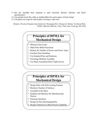 11. Has the assembly been analyzed to meet electrical, thermal, vibration, and shock
specifications?
12. Can printed circuit flex cable or molded ribbon be used in place of hard wiring?
13. Can plastic tie-wraps be used in place of lacing or spot ties?
[Source: Practical Engineering Guides for Managing Risk: Design for Reduce Technical Risk,
AT&T, McGraw-Hill, Inc., New York, New York pp. 503-528]
Principles of DFMA for
Mechanical Design
• Minimize Part Count
• Make Parts Multi-Functional
• Reduce the Number of Screws and Screw Types
• Facilitate Parts Handling
• Use Standard Parts and Hardware
• Encourage Modular Assembly
• Use Stack Assemblies/Don’t Fight Gravity
Principles of DFMA for
Mechanical Design
• Design Parts with Self-Locating Features
• Minimize Number of Surfaces
• Assemble in the Open
• Simplify and Optimize the Manufacturing
Process
• Eliminate Interfaces
• Design for Part Interchangeability
• Design Tolerances to Meet Process Capability
 