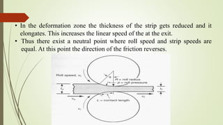 • In the deformation zone the thickness of the strip gets reduced and it
elongates. This increases the linear speed of the at the exit.
• Thus there exist a neutral point where roll speed and strip speeds are
equal. At this point the direction of the friction reverses.
 