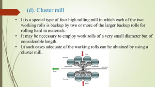 (d). Cluster mill
• It is a special type of four high rolling mill in which each of the two
working rolls is backup by two or more of the larger backup rolls for
rolling hard in materials.
• It may be necessary to employ work rolls of a very small diameter but of
considerable length.
• In such cases adequate of the working rolls can be obtained by using a
cluster mill.
 