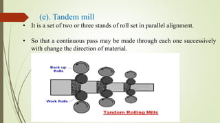 (e). Tandem mill
• It is a set of two or three stands of roll set in parallel alignment.
• So that a continuous pass may be made through each one successively
with change the direction of material.
 