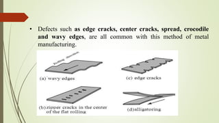 • Defects such as edge cracks, center cracks, spread, crocodile
and wavy edges, are all common with this method of metal
manufacturing.
 