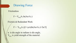 Drawing Force
Frictionless
F = YavgAf ln(Ao/Af )
Friction & Redundant Work
F = YavgAf [(1+μ/α)ln(Ao/Af )+2α/3]
α is die angle in radians is die angle,
Yavg is yield strength of the material.
 