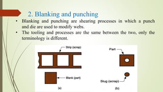 2. Blanking and punching
• Blanking and punching are shearing processes in which a punch
and die are used to modify webs.
• The tooling and processes are the same between the two, only the
terminology is different.
 