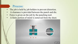 Process:
• The job is held by job holders to prevent distortion.
• A clearance is provided between the punch and die.
• Force is given on the job by the punching tool.
• A finite portion of metal is removed from the sheet.
 