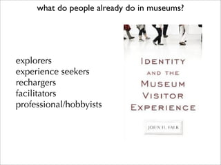 what do people already do in museums?




explorers
experience seekers
rechargers
facilitators
professional/hobbyists
 