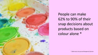 People can make
62% to 90% of their
snap decisions about
products based on
colour alone *
* 2006 study in the journal Management Decision
 