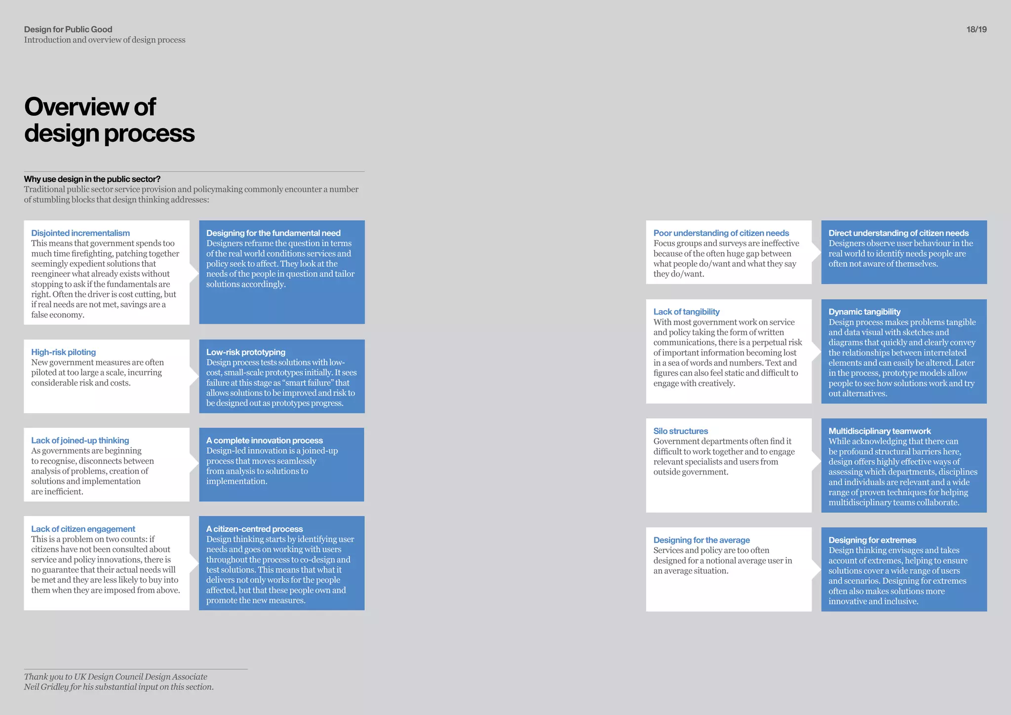 Design for Public Good
Introduction and overview of design process
18/19
Overviewof
designprocess
Why use design in the public sector?
Traditional public sector service provision and policymaking commonly encounter a number
of stumbling blocks that design thinking addresses:
Poor understanding of citizen needs
Focus groups and surveys are ineffective
because of the often huge gap between
what people do/want and what they say
they do/want.
Direct understanding of citizen needs
Designers observe user behaviour in the
real world to identify needs people are
often not aware of themselves.
Lack of tangibility
With most government work on service
and policy taking the form of written
communications, there is a perpetual risk
of important information becoming lost
in a sea of words and numbers. Text and
figures can also feel static and difficult to
engage with creatively.
Silo structures
Government departments often find it
difficult to work together and to engage
relevant specialists and users from
outside government.
Dynamic tangibility
Design process makes problems tangible
and data visual with sketches and
diagrams that quickly and clearly convey
the relationships between interrelated
elements and can easily be altered. Later
in the process, prototype models allow
people to see how solutions work and try
out alternatives.
Multidisciplinary teamwork
While acknowledging that there can
be profound structural barriers here,
design offers highly effective ways of
assessing which departments, disciplines
and individuals are relevant and a wide
range of proven techniques for helping
multidisciplinary teams collaborate.
Designing for the average
Services and policy are too often
designed for a notional average user in
an average situation.
Designing for extremes
Design thinking envisages and takes
account of extremes, helping to ensure
solutions cover a wide range of users
and scenarios. Designing for extremes
often also makes solutions more
innovative and inclusive.
Disjointed incrementalism
This means that government spends too
much time firefighting, patching together
seemingly expedient solutions that
reengineer what already exists without
stopping to ask if the fundamentals are
right. Often the driver is cost cutting, but
if real needs are not met, savings are a
false economy.
Designing for the fundamental need
Designers reframe the question in terms
of the real world conditions services and
policy seek to affect. They look at the
needs of the people in question and tailor
solutions accordingly.
High-risk piloting
New government measures are often
piloted at too large a scale, incurring
considerable risk and costs.
Low-risk prototyping
Designprocesstestssolutionswithlow-
cost,small-scaleprototypesinitially.Itsees
failureatthisstageas“smartfailure”that
allowssolutionstobeimprovedandriskto
bedesignedoutasprototypesprogress.
Lack of joined-up thinking
As governments are beginning
to recognise, disconnects between
analysis of problems, creation of
solutions and implementation
are inefficient.
A complete innovation process
Design-led innovation is a joined-up
process that moves seamlessly
from analysis to solutions to
implementation.
Lack of citizen engagement
This is a problem on two counts: if
citizens have not been consulted about
service and policy innovations, there is
no guarantee that their actual needs will
be met and they are less likely to buy into
them when they are imposed from above.
A citizen-centred process
Design thinking starts by identifying user
needs and goes on working with users
throughout the process to co-design and
test solutions. This means that what it
delivers not only works for the people
affected, but that these people own and
promote the new measures.
Thank you to UK Design Council Design Associate
Neil Gridley for his substantial input on this section.
 