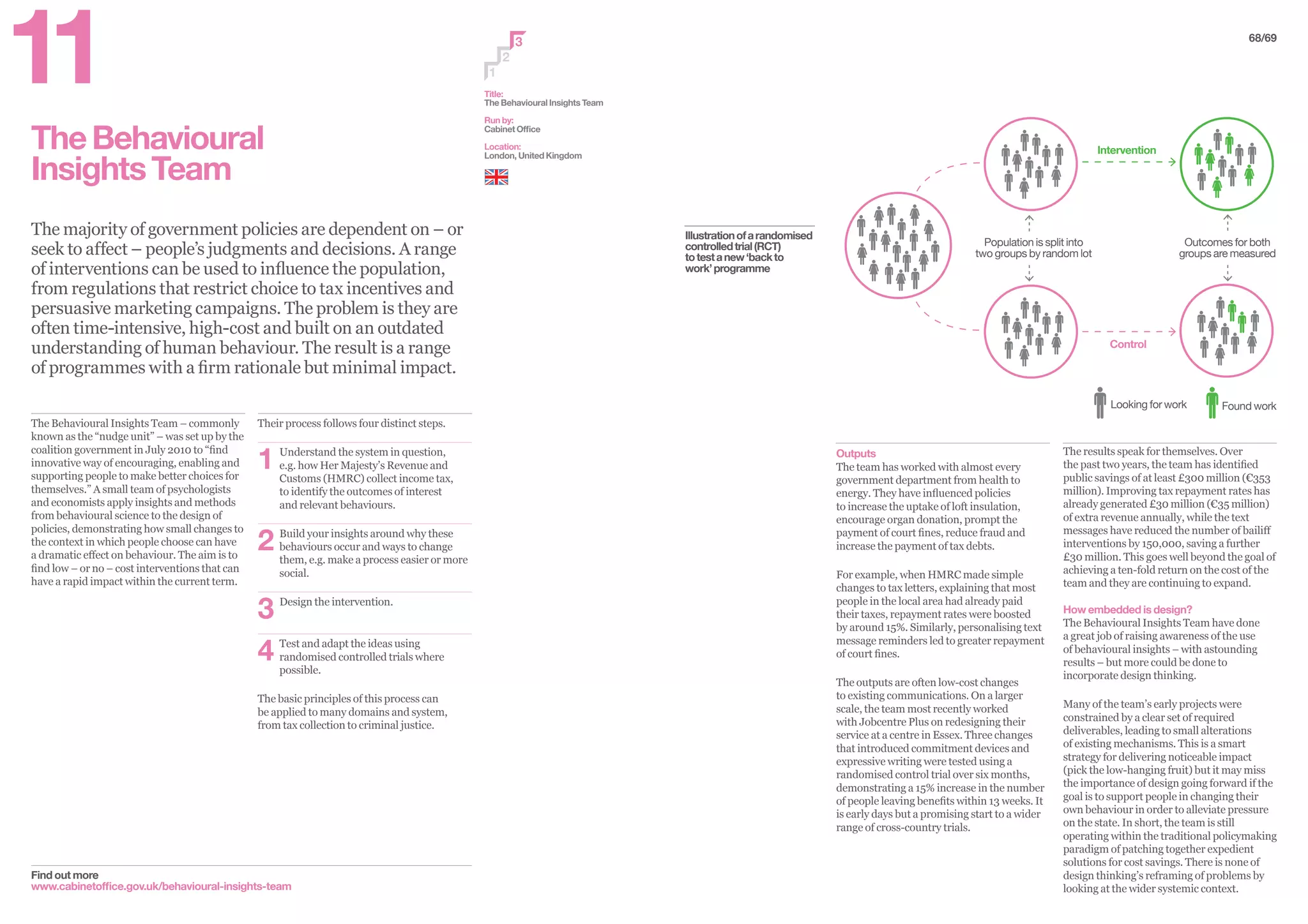 TheBehavioural
InsightsTeam
The majority of government policies are dependent on – or
seek to affect – people’s judgments and decisions. A range
of interventions can be used to influence the population,
from regulations that restrict choice to tax incentives and
persuasive marketing campaigns. The problem is they are
often time-intensive, high-cost and built on an outdated
understanding of human behaviour. The result is a range
of programmes with a firm rationale but minimal impact.
Find out more
www.cabinetoffice.gov.uk/behavioural-insights-team
2
3
1
Title:
The Behavioural Insights Team
Run by:
Cabinet Office
Location:
London, United Kingdom
Their process follows four distinct steps.
1	Understand the system in question,
e.g. how Her Majesty’s Revenue and
Customs (HMRC) collect income tax,
to identify the outcomes of interest
and relevant behaviours.
2	Build your insights around why these
behaviours occur and ways to change
them, e.g. make a process easier or more
social.
3	Design the intervention.
4	Test and adapt the ideas using
randomised controlled trials where
possible.
The basic principles of this process can
be applied to many domains and system,
from tax collection to criminal justice.
The Behavioural Insights Team – commonly
known as the “nudge unit” – was set up by the
coalition government in July 2010 to “find
innovative way of encouraging, enabling and
supporting people to make better choices for
themselves.” A small team of psychologists
and economists apply insights and methods
from behavioural science to the design of
policies, demonstrating how small changes to
the context in which people choose can have
a dramatic effect on behaviour. The aim is to
find low – or no – cost interventions that can
have a rapid impact within the current term.
68/69
Outputs
The team has worked with almost every
government department from health to
energy. They have influenced policies
to increase the uptake of loft insulation,
encourage organ donation, prompt the
payment of court fines, reduce fraud and
increase the payment of tax debts.
For example, when HMRC made simple
changes to tax letters, explaining that most
people in the local area had already paid
their taxes, repayment rates were boosted
by around 15%. Similarly, personalising text
message reminders led to greater repayment
of court fines.
The outputs are often low-cost changes
to existing communications. On a larger
scale, the team most recently worked
with Jobcentre Plus on redesigning their
service at a centre in Essex. Three changes
that introduced commitment devices and
expressive writing were tested using a
randomised control trial over six months,
demonstrating a 15% increase in the number
of people leaving benefits within 13 weeks. It
is early days but a promising start to a wider
range of cross-country trials.
The results speak for themselves. Over
the past two years, the team has identified
public savings of at least £300 million (€353
million). Improving tax repayment rates has
already generated £30 million (€35 million)
of extra revenue annually, while the text
messages have reduced the number of bailiff
interventions by 150,000, saving a further
£30 million. This goes well beyond the goal of
achieving a ten-fold return on the cost of the
team and they are continuing to expand.
How embedded is design?
The Behavioural Insights Team have done
a great job of raising awareness of the use
of behavioural insights – with astounding
results – but more could be done to
incorporate design thinking.
Many of the team’s early projects were
constrained by a clear set of required
deliverables, leading to small alterations
of existing mechanisms. This is a smart
strategy for delivering noticeable impact
(pick the low-hanging fruit) but it may miss
the importance of design going forward if the
goal is to support people in changing their
own behaviour in order to alleviate pressure
on the state. In short, the team is still
operating within the traditional policymaking
paradigm of patching together expedient
solutions for cost savings. There is none of
design thinking’s reframing of problems by
looking at the wider systemic context.
Intervention
Control
Population is split into
two groups by random lot
Looking for work Found work
Outcomes for both
groups are measured
Illustrationofarandomised
controlledtrial(RCT)
totestanew‘backto
work’programme
11
 