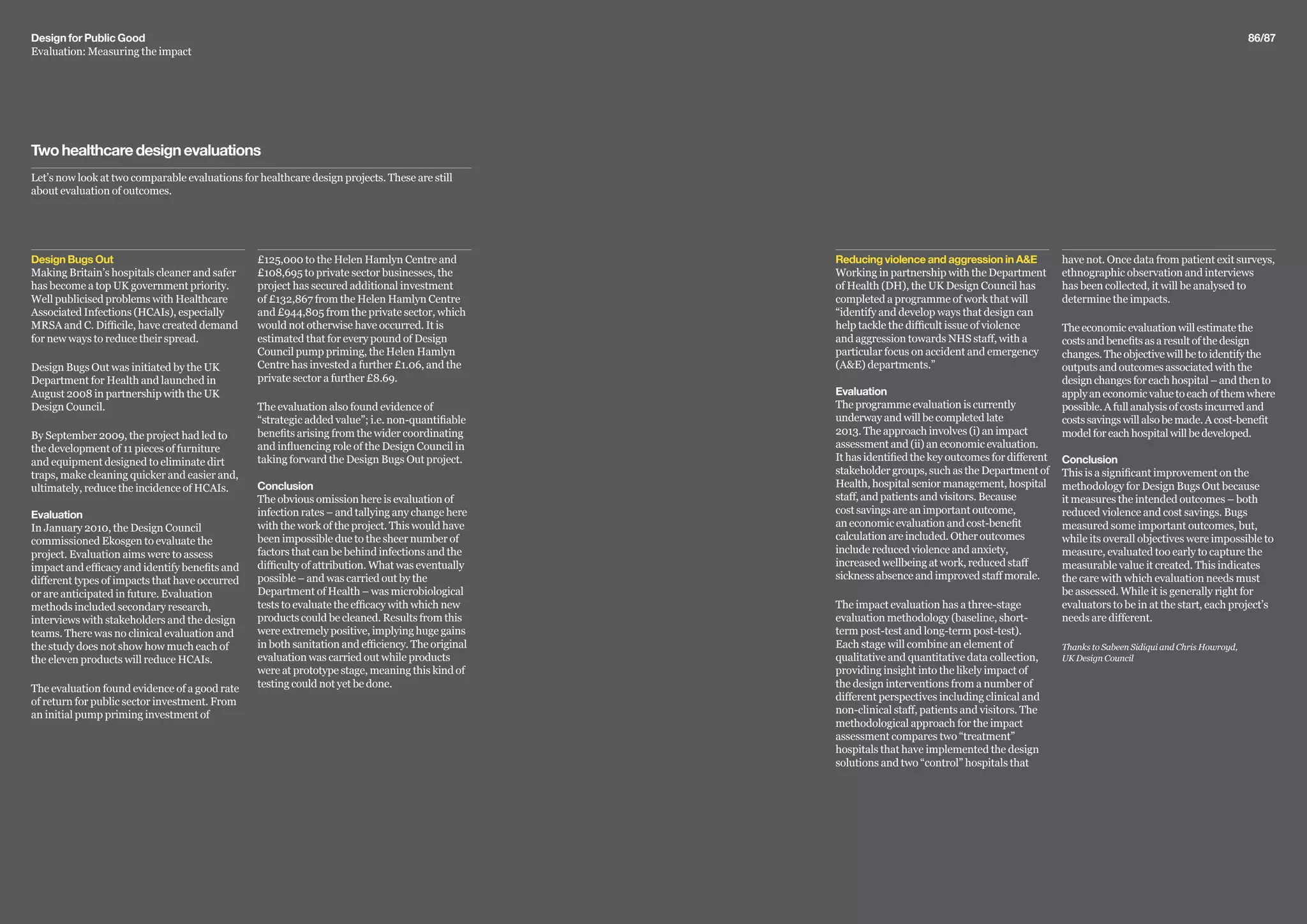 86/87
Let’s now look at two comparable evaluations for healthcare design projects. These are still
about evaluation of outcomes.
Twohealthcaredesignevaluations
£125,000 to the Helen Hamlyn Centre and
£108,695 to private sector businesses, the
project has secured additional investment
of £132,867 from the Helen Hamlyn Centre
and £944,805 from the private sector, which
would not otherwise have occurred. It is
estimated that for every pound of Design
Council pump priming, the Helen Hamlyn
Centre has invested a further £1.06, and the
private sector a further £8.69.
The evaluation also found evidence of
“strategic added value”; i.e. non-quantifiable
benefits arising from the wider coordinating
and influencing role of the Design Council in
taking forward the Design Bugs Out project.
Conclusion
The obvious omission here is evaluation of
infection rates – and tallying any change here
with the work of the project. This would have
been impossible due to the sheer number of
factors that can be behind infections and the
difficulty of attribution. What was eventually
possible – and was carried out by the
Department of Health – was microbiological
tests to evaluate the efficacy with which new
products could be cleaned. Results from this
were extremely positive, implying huge gains
in both sanitation and efficiency. The original
evaluation was carried out while products
were at prototype stage, meaning this kind of
testing could not yet be done.
Design Bugs Out
Making Britain’s hospitals cleaner and safer
has become a top UK government priority.
Well publicised problems with Healthcare
Associated Infections (HCAIs), especially
MRSA and C. Difficile, have created demand
for new ways to reduce their spread.
Design Bugs Out was initiated by the UK
Department for Health and launched in
August 2008 in partnership with the UK
Design Council.
By September 2009, the project had led to
the development of 11 pieces of furniture
and equipment designed to eliminate dirt
traps, make cleaning quicker and easier and,
ultimately, reduce the incidence of HCAIs.
Evaluation
In January 2010, the Design Council
commissioned Ekosgen to evaluate the
project. Evaluation aims were to assess
impact and efficacy and identify benefits and
different types of impacts that have occurred
or are anticipated in future. Evaluation
methods included secondary research,
interviews with stakeholders and the design
teams. There was no clinical evaluation and
the study does not show how much each of
the eleven products will reduce HCAIs.
The evaluation found evidence of a good rate
of return for public sector investment. From
an initial pump priming investment of
have not. Once data from patient exit surveys,
ethnographic observation and interviews
has been collected, it will be analysed to
determine the impacts.
Theeconomicevaluationwillestimatethe
costsandbenefitsasaresultofthedesign
changes.Theobjectivewillbetoidentifythe
outputsandoutcomesassociatedwiththe
designchangesforeachhospital–andthento
applyaneconomicvaluetoeachofthemwhere
possible.Afullanalysisofcostsincurredand
costssavingswillalsobemade.Acost-benefit
modelforeachhospitalwillbedeveloped.
Conclusion
This is a significant improvement on the
methodology for Design Bugs Out because
it measures the intended outcomes – both
reduced violence and cost savings. Bugs
measured some important outcomes, but,
while its overall objectives were impossible to
measure, evaluated too early to capture the
measurable value it created. This indicates
the care with which evaluation needs must
be assessed. While it is generally right for
evaluators to be in at the start, each project’s
needs are different.
Thanks to Sabeen Sidiqui and Chris Howroyd,
UK Design Council
Reducing violence and aggression in AE
Working in partnership with the Department
of Health (DH), the UK Design Council has
completed a programme of work that will
“identify and develop ways that design can
help tackle the difficult issue of violence
and aggression towards NHS staff, with a
particular focus on accident and emergency
(AE) departments.”
Evaluation
The programme evaluation is currently
underway and will be completed late
2013. The approach involves (i) an impact
assessment and (ii) an economic evaluation.
It has identified the key outcomes for different
stakeholder groups, such as the Department of
Health, hospital senior management, hospital
staff, and patients and visitors. Because
cost savings are an important outcome,
an economic evaluation and cost-benefit
calculation are included. Other outcomes
include reduced violence and anxiety,
increased wellbeing at work, reduced staff
sickness absence and improved staff morale.
The impact evaluation has a three-stage
evaluation methodology (baseline, short-
term post-test and long-term post-test).
Each stage will combine an element of
qualitative and quantitative data collection,
providing insight into the likely impact of
the design interventions from a number of
different perspectives including clinical and
non-clinical staff, patients and visitors. The
methodological approach for the impact
assessment compares two “treatment”
hospitals that have implemented the design
solutions and two “control” hospitals that
Design for Public Good
Evaluation: Measuring the impact
 