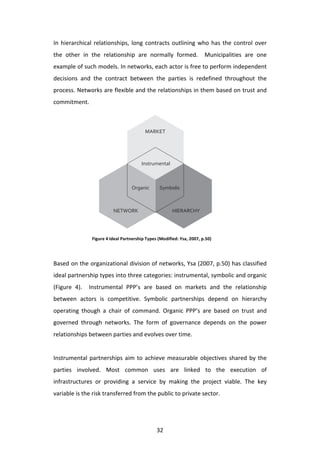 In	
   hierarchical	
   relationships,	
   long	
   contracts	
   outlining	
   who	
   has	
   the	
   control	
   over	
  
the	
   other	
   in	
   the	
   relationship	
   are	
   normally	
   formed.	
   	
   Municipalities	
   are	
   one	
  
example	
   of	
   such	
   models.	
   In	
   networks,	
   each	
   actor	
   is	
   free	
   to	
   perform	
   independent	
  
decisions	
   and	
   the	
   contract	
   between	
   the	
   parties	
   is	
   redefined	
   throughout	
   the	
  
process.	
  Networks	
  are	
  flexible	
  and	
  the	
  relationships	
  in	
  them	
  based	
  on	
  trust	
  and	
  
commitment.	
  



                                                             MARKET




                                                           Instrumental



                                                   Organic              Symbolic



                                      NETWORK                                    HIERARCHY




                       Figure	
  4	
  Ideal	
  Partnership	
  Types	
  (Modified:	
  Ysa,	
  2007,	
  p.50)	
  

	
  
Based	
  on	
  the	
  organizational	
  division	
  of	
  networks,	
  Ysa	
  (2007,	
  p.50)	
  has	
  classified	
  
ideal	
  partnership	
  types	
  into	
  three	
  categories:	
  instrumental,	
  symbolic	
  and	
  organic	
  
(Figure	
   4).	
   	
   Instrumental	
   PPP’s	
   are	
   based	
   on	
   markets	
   and	
   the	
   relationship	
  
between	
   actors	
   is	
   competitive.	
   Symbolic	
   partnerships	
   depend	
   on	
   hierarchy	
  
operating	
   though	
   a	
   chair	
   of	
   command.	
   Organic	
   PPP’s	
   are	
   based	
   on	
   trust	
   and	
  
governed	
   through	
   networks.	
   The	
   form	
   of	
   governance	
   depends	
   on	
   the	
   power	
  
relationships	
  between	
  parties	
  and	
  evolves	
  over	
  time.	
  	
  
	
  
Instrumental	
   partnerships	
   aim	
   to	
   achieve	
   measurable	
   objectives	
   shared	
   by	
   the	
  
parties	
   involved.	
   Most	
   common	
   uses	
   are	
   linked	
   to	
   the	
   execution	
   of	
  
infrastructures	
   or	
   providing	
   a	
   service	
   by	
   making	
   the	
   project	
   viable.	
   The	
   key	
  
variable	
  is	
  the	
  risk	
  transferred	
  from	
  the	
  public	
  to	
  private	
  sector.	
  
	
  


	
                                                                    32	
  
 
