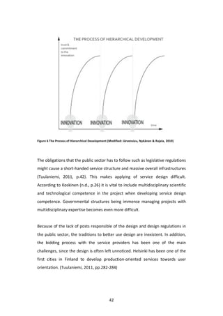 Figure	
  6	
  The	
  Process	
  of	
  Hierarchical	
  Development	
  (Modified:	
  Järvensivu,	
  Nykänen	
  &	
  Rajala,	
  2010)	
  




The	
  obligations	
  that	
  the	
  public	
  sector	
  has	
  to	
  follow	
  such	
  as	
  legislative	
  regulations	
  
might	
  cause	
  a	
  short-­‐handed	
  service	
  structure	
  and	
  massive	
  overall	
  infrastructures	
  
(Tuulaniemi,	
   2011,	
   p.42).	
   This	
   makes	
   applying	
   of	
   service	
   design	
   difficult.	
  
According	
  to	
  Koskinen	
  (n.d.,	
  p.26)	
  it	
  is	
  vital	
  to	
  include	
  multidisciplinary	
  scientific	
  
and	
   technological	
   competence	
   in	
   the	
   project	
   when	
   developing	
   service	
   design	
  
competence.	
   Governmental	
   structures	
   being	
   immense	
   managing	
   projects	
   with	
  
multidisciplinary	
  expertise	
  becomes	
  even	
  more	
  difficult.	
  
	
  
Because	
  of	
  the	
  lack	
  of	
  posts	
  responsible	
  of	
  the	
  design	
  and	
  design	
  regulations	
  in	
  
the	
  public	
  sector,	
  the	
  traditions	
  to	
  better	
  use	
  design	
  are	
  inexistent.	
  In	
  addition,	
  
the	
   bidding	
   process	
   with	
   the	
   service	
   providers	
   has	
   been	
   one	
   of	
   the	
   main	
  
challenges,	
  since	
  the	
  design	
  is	
  often	
  left	
  unnoticed.	
  Helsinki	
  has	
  been	
  one	
  of	
  the	
  
first	
   cities	
   in	
   Finland	
   to	
   develop	
   production-­‐oriented	
   services	
   towards	
   user	
  
orientation.	
  (Tuulaniemi,	
  2011,	
  pp.282-­‐284)	
  
	
  




	
                                                                    42	
  
 