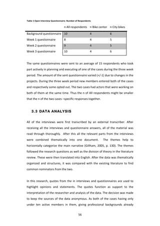 Table	
  1	
  Open	
  Interview	
  Questionnaire:	
  Number	
  of	
  Respondents	
  

	
                                              n	
  All	
  respondents	
   n	
  Bike	
  center	
   n	
  City	
  bikes	
  

Background	
  questionnaire	
   10	
                                              4	
                      6	
  
Week	
  1	
  questionnaire	
                    8	
                               4	
                      5	
  
Week	
  2	
  questionnaire	
                    9	
                               4	
                      5	
  
Week	
  3	
  questionnaire	
                    10	
                              4	
                      6	
  
	
          	
  
The	
  same	
  questionnaires	
  were	
  sent	
  to	
  an	
  average	
  of	
  15	
  respondents	
  who	
  took	
  
part	
  actively	
  in	
  planning	
  and	
  executing	
  of	
  one	
  of	
  the	
  cases	
  during	
  the	
  three	
  week	
  
period.	
  The	
  amount	
  of	
  the	
  sent	
  questionnaire	
  varied	
  (+/-­‐1)	
  due	
  to	
  changes	
  in	
  the	
  
projects.	
  During	
  the	
  three	
  week	
  period	
  new	
  members	
  entered	
  both	
  of	
  the	
  cases	
  
and	
  respectively	
  some	
  opted	
  out.	
  The	
  two	
  cases	
  had	
  actors	
  that	
  were	
  working	
  on	
  
both	
  of	
  them	
  at	
  the	
  same	
  time.	
  Thus	
  the	
  n	
  of	
  All	
  respondents	
  might	
  be	
  smaller	
  
that	
  the	
  n	
  of	
  the	
  two	
  cases	
  –specific	
  responses	
  together.	
  


       3.3 DATA ANALYSIS


All	
   of	
   the	
   interviews	
   were	
   first	
   transcribed	
   by	
   an	
   external	
   transcriber.	
   After	
  
receiving	
   all	
   the	
   interviews	
   and	
   questionnaire	
   answers,	
   all	
   of	
   the	
   material	
   was	
  
read	
   through	
   thoroughly.	
   	
   After	
   this	
   all	
   the	
   relevant	
   parts	
   from	
   the	
   interviews	
  
were	
   combined	
   thematically	
   into	
   one	
   document.	
   	
   The	
   themes	
   help	
   to	
  
horizontally	
   categorize	
   the	
   main	
   narrative	
   (Gillham,	
   2005,	
   p.	
   130).	
   The	
   themes	
  
followed	
   the	
   research	
   questions	
   as	
   well	
   as	
   the	
   division	
   of	
   theory	
   in	
   the	
   literature	
  
review.	
  These	
  were	
  then	
  translated	
  into	
  English.	
  After	
  the	
  data	
  was	
  thematically	
  
organized	
   and	
   structures,	
   it	
   was	
   compared	
   with	
   the	
   existing	
   literature	
   to	
   find	
  
common	
  nominators	
  from	
  the	
  two.	
  
	
  
In	
   this	
   research,	
   quotes	
   from	
   the	
   in	
   interviews	
   and	
   questionnaires	
   are	
   used	
   to	
  
highlight	
   opinions	
   and	
   statements.	
   The	
   quotes	
   function	
   as	
   support	
   to	
   the	
  
interpretation	
  of	
  the	
  researcher	
  and	
  analysis	
  of	
  the	
  data.	
  The	
  decision	
  was	
  made	
  
to	
   keep	
   the	
   sources	
   of	
   the	
   data	
   anonymous.	
   As	
   both	
   of	
   the	
   cases	
   having	
   only	
  
under	
   ten	
   active	
   members	
   in	
   them,	
   giving	
   professional	
   backgrounds	
   already	
  


	
                                                                 56	
  
 
