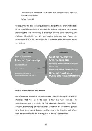 “Harmonization and clarity. Current practices and purposeless meetings
             should be questioned.”
             (Private Actor 1C)


Consequently,	
  the	
  ideal	
  goals	
  of	
  public	
  service	
  design	
  that	
  the	
  actors	
  had	
  in	
  both	
  
of	
   the	
   cases	
   being	
   coherent,	
   it	
   seems	
   as	
   the	
   practical	
   methods	
   are	
   the	
   factors	
  
preventing	
   the	
   ease	
   and	
   fluency	
   of	
   the	
   design	
   process.	
   When	
   comparing	
   the	
  
challenges	
   identified	
   in	
   the	
   two	
   case	
   studies,	
   similarities	
   exist	
   (Figure	
   13).	
  
Differing	
  practices	
  of	
  the	
  two	
  sectors	
  and	
  lack	
  of	
  time	
  are	
  factors	
  shared	
  by	
  the	
  
two	
  projects.	
  
	
  




	
  

Figure	
  13	
  Cross-­‐Case	
  Comparison	
  of	
  the	
  Challenges	
  



One	
   of	
   the	
   main	
   differences	
   between	
   the	
   two	
   cases	
   influencing	
   on	
   the	
   type	
   of	
  
challenges	
   that	
   rose	
   up	
   in	
   the	
   cases	
   is	
   how	
   they	
   were	
   financed.	
   The	
  
advertisement-­‐based	
   contract	
   in	
   the	
   City	
   bikes	
   was	
   planned	
   for	
   long	
   ahead.	
  
However,	
  the	
  financing	
  for	
  the	
  Bike	
  Center	
  came	
  from	
  the	
  city	
  and	
  was	
  granted	
  
for	
   a	
   short	
   –term	
   project.	
   Despite	
   the	
   differences	
   in	
   the	
   financing,	
   both	
   of	
   the	
  
cases	
  were	
  influenced	
  by	
  the	
  differing	
  goals	
  of	
  the	
  city’s	
  departments.	
  
	
  


	
                                                                          83	
  
 